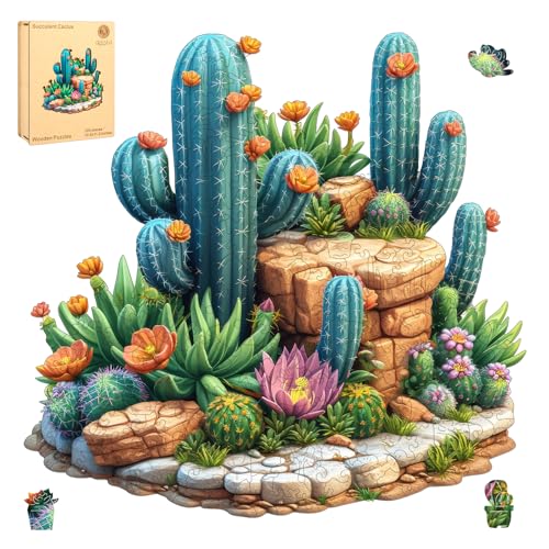 Delobil Succulent Cactus Wooden Puzzles for Adults, 200 Pieces Jigsaw Puzzles, Unique Shaped Medium Size Liberty Wood Puzzle Gift for Adults and Kids, Family Game 11.2'' x 10.8'' - color: Succulent Cactus, size: 200Pcs