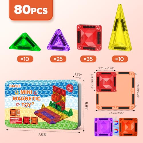 80PCS Mini Magnetic Tiles, Diamond Pattern Travel Magnetic Tiles Building Set with Case, Construction Toys for Kids 4-8 Portable Classroom Educational Learning Toddler Toys for Boys Girls Gift Ages 3+ - style: 80 PCS