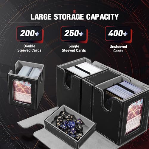 TiMOVO MTG Deck Box, Magnetic Trading Card Storage Case, Black+Gray | Holds 400+ Sleeveless Cards, 4 Dividers & Dice Tray, 2 Detachable Commander Card Deck Boxes, For Magic Game Cards - color: Black & Gray