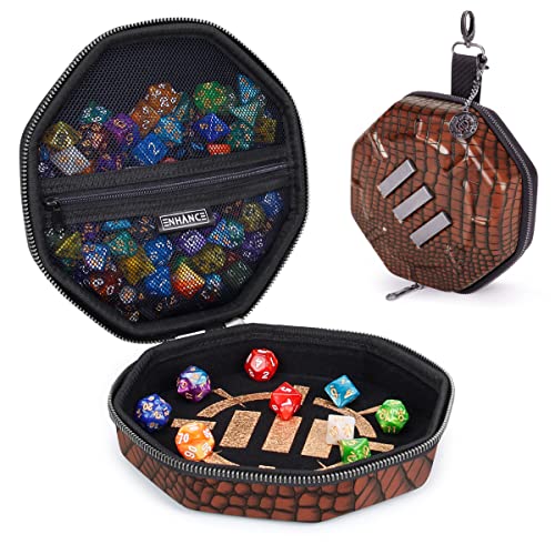 ENHANCE DND Dice Tray and Case - Collector's Edition DND Dice Holder up to 150 D&D Shakers with Hard Shell Exterior and Protective Soft Interior - Rolling Tray Perfect for Game Night (Dragon Brown) - color: Dragon Brown