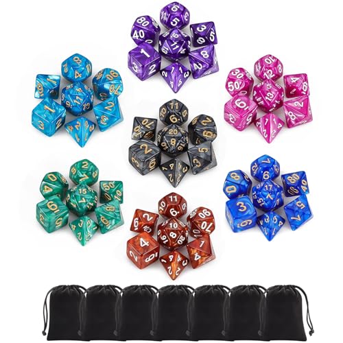 QMay Polyhedral Dice Set - 7 x 7 (49 Pieces) DND Dice with 7PCS Black Drawstring Bags Great for Dungeons and Dragons, RPG, MTG,Role Playing Table Games D4 D6 D8 D10 D% D12 D20 - color: 7 Sets-49pcs