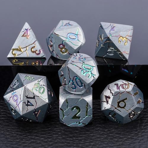 Metal DND Dice Set with Sharp Edge for RPG, Polyhedral D&D Dice in Gift Box for Dungeons and Dragons - color: Silver and Coloured Cracks