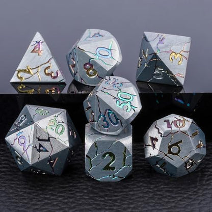 Metal DND Dice Set with Sharp Edge for RPG, Polyhedral D&D Dice in Gift Box for Dungeons and Dragons - color: Silver and Coloured Cracks