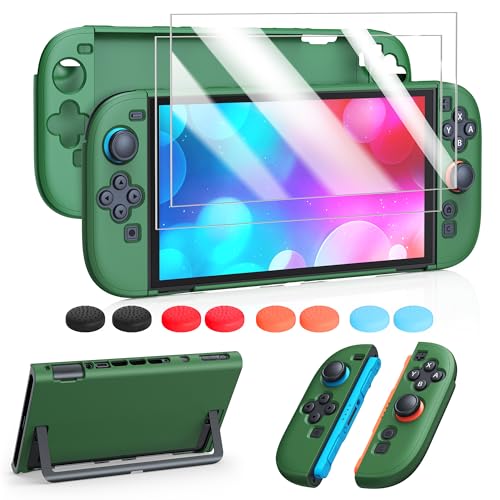 FYOUNG Protective Case for Nintendo Switch 2, Slim Hard Shell Accessories | Switch 2 Cute Case, Scratch&Shock Protection Cover with Screen Protector, 8 Thumb Grip (Solid Green, Switch 2 7.9inch) - color: Solid Green