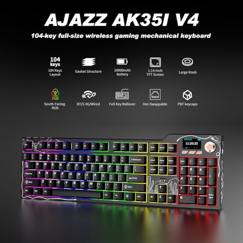 Ajazz AK35I V4 Full Size Wireless Mechanical Keyboard with 1.14" Color Screen & Knob, Tri-Mode Gasket Hot Swappable Gaming Keyboard, 10000mAh Battery, RGB, Black - color: V4 Black