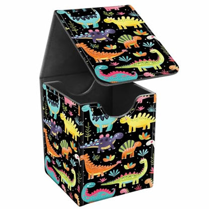 Card Deck Box, Card Storage Box Fits 100+ Single Sleeved Cards, Large Capacity PU Leather Card Storage Box with Strong Magnet for Magic Commander TCG CCG, Cartoon Dinosaurs - color: Cartoon Dinosaurs