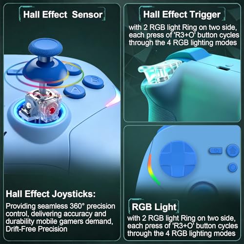 Megadream Phone Controller for PC/Switch 2|Swith/Android/iPad/Tablet/iPhone Controller - RGB light - Hall Effect Trigger/Joystick - Call of Duty, Roblox, Genshin Impact, Direct Play, Blue - color: Blu