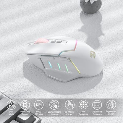 Redragon M690 PRO Wireless Gaming Mouse, 8000 DPI Wired/Wireless Gamer Mouse w/Rapid Fire Key, 8 Macro Buttons, Ergonomic Design for PC/Mac/Laptop, White | Cable-Free 0 Delay, Smooth Precise Tracking, Rapid-Fire Macro Keybinds, Vibing Backlight, Ergonomic