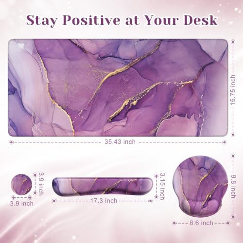 iCasso Purple Ergonomic Large Mouse Pad with Wrist Support, 4in1 XXL Desk Mat Set- Keyboard Wrist Rest + Mouse Wrist Rest + Coaster, Marble Style Desk Pad Mousepad - color: 1-Purple Marble
