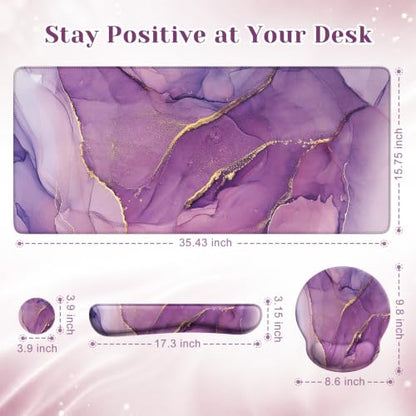 iCasso Purple Ergonomic Large Mouse Pad with Wrist Support, 4in1 XXL Desk Mat Set- Keyboard Wrist Rest + Mouse Wrist Rest + Coaster, Marble Style Desk Pad Mousepad - color: 1-Purple Marble