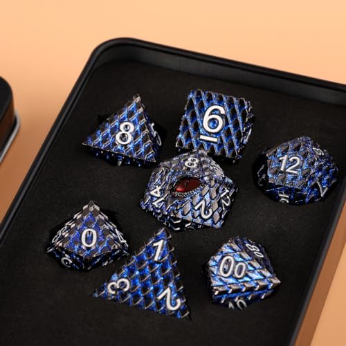Dragon Eye Metal Dice Set, 7 Pcs Dragon Scale Metallic Dice Set, Gift Metal Box for Dungeons and Dragon Tabletop Game (Glitter Blue Dragon Scale & Red Eye) - color: Glitter Blue Dragon Scale & Red Eye