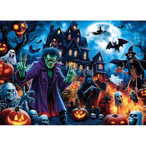 Halloween Spooky Monsters 1000 Piece Jigsaw Puzzle Haunted House Scene with Zombies, Witches, Ghosts and Jack-o-Lanterns, Large Pieces Puzzle Gift for Adults Family 27"x19" - color: Spooky Monsters, size: (27"X19")