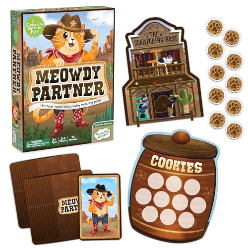 Peaceable Kingdom Meowdy Partner Cooperative Matching Game | A cooperative game where players team up to win together. Includes 27 cowboy cat cards and 1 scratching post. Ages 3+.