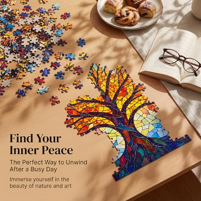 Amzgo® 1000 Pieces Stained Glass Jigsaw Puzzle, Beautiful Tree of Life Art Puzzles for Adults, Unique Fun Impossible Hard Difficult Challenging Pretty Puzzles, Colorful Mosaic Nature Puzzle