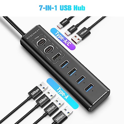 Powered USB Hub, Rosonway 7-Port USB 3.2/USB C Hub with 10Gbps USB-A 3.2, 2 USB-C 3.2, 4 USB 3.0 Ports, Individual Switches and 12V Power Adapter, Aluminum USB Port Expander for Laptop/PC, RSH-A107C - size: 7-Port Powered USB Hub