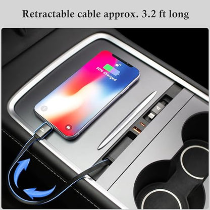 USB Hub Charger for Tesla Model 3 2021-23 & Model Y 2021-24 with Two Cable | Center Console with Two 27W Fast Charging Retractable Cables Phone Charger Docking Station Accessories,Seamless Fit,OEM - color: Model Y 21-24 & Model 3 21-23