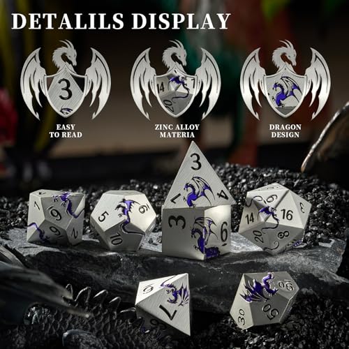 Matte Silver Purple Dragon Metal Dice Set,7 PCS Heavy Zinc Alloy DND Dice with Magnetic Gift Box for Tabletop RPG & Fantasy RPG Games (Silver Purple Dragon) - color: Matte Silver With Purple