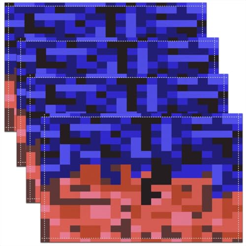 Pixelated Blocks Miners Kids Placemats Set of 4,Video Games Game Gamepad Table Place Mats,Geometric Grid Patchwork Kitchen Decor,Blue Red Placemat Kitchen Table Decoration 12"x18" - color: Blue Red
