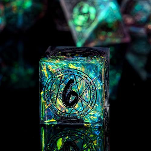 Cusdie 7-Die Sharp Edges DND Dice Set, Magic Circle Pattern Polyhedral D&D Dice Set for DND TTRPG Role Playing Games - color: Magic Pattern-transparent Black