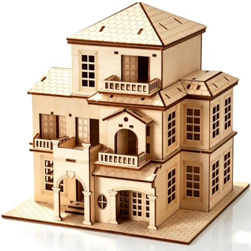 3D Wooden Puzzle for Adults, DIY Miniature Villa House Building Three Layer | wood panels, tenon joint glue-free build, customizable scene pieces, tabletop art ornament for leisure bonding - color: Villa House Wood Color 06