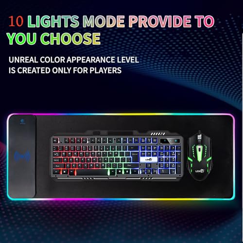RGB Gaming Mouse Pad with Wireless Charging 15W, LED Mouse Mat 31.5 * 11.8 in, 10 Light Modes Extra Large Mousepad Non-Slip Rubber Base Computer Keyboard Mat for Gaming, MacBook, PC, Laptop, Desk - color: Black-D