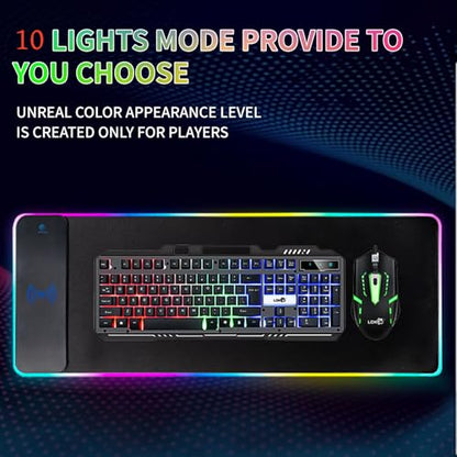 RGB Gaming Mouse Pad with Wireless Charging 15W, LED Mouse Mat 31.5 * 11.8 in, 10 Light Modes Extra Large Mousepad Non-Slip Rubber Base Computer Keyboard Mat for Gaming, MacBook, PC, Laptop, Desk - color: Black-D