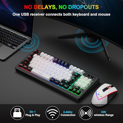 BlueFinger Wireless Gaming Keyboard and Mouse Combo, RGB Rainbow Backlit Rechargeable Battery, 87 Keys TKL Light Up Keyboard with Ergonomic Gaming Mouse for Mac Laptop Computer PC Gamer(Black & White) - color: Black & White