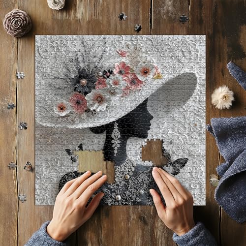 Impossible Puzzles for Adults 1000 Pieces,PICKFORU Floral Muse Puzzle Elegant Lady,Beauty Flower Woman Puzzle Black and White Pearl,Hard Challenge Jigsaw Puzzles Aesthetic - style: Floral Muse Puzzle