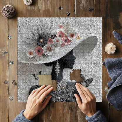 Impossible Puzzles for Adults 1000 Pieces,PICKFORU Floral Muse Puzzle Elegant Lady,Beauty Flower Woman Puzzle Black and White Pearl,Hard Challenge Jigsaw Puzzles Aesthetic - style: Floral Muse Puzzle