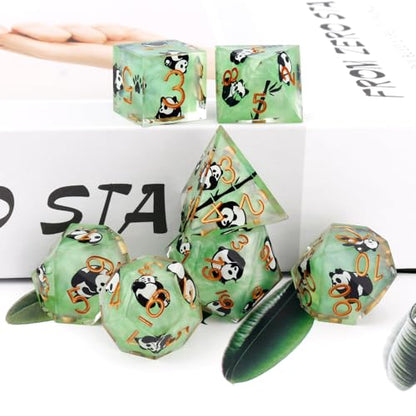 Haxtec Panda DND Dice Set Green Sharp Edge Resin Dice Set with Dice Case, Animal Sticker D and D Dice Polyhedral D&D Dice Set for Dungeons and Dragons TTRPGs DND Gift - color: Green Black