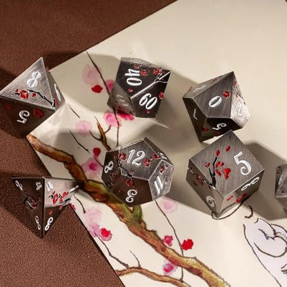 UDIXI Metal DND Dice Set Nickel, 7PCS Metal Polyhedral Dice Set for D&D RPG | Red Flower, Metal Case Packaging, Heavy Metal Dice, D&D Gift, for Dungeons and Dragons Role Playing Games Tabletop Games - color: Flower/Nicklewhite