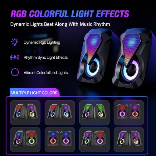 Computer Speakers, Desktop PC Speakers with 6 Colorful RGB Lights, Headphone Jack, Enhanced Bass and Volume Control, USB Powered & 3.5mm Aux Gaming Speakers for Laptop Monitor PC Tablet Phone-1053