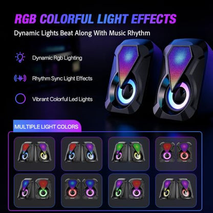 Computer Speakers, Desktop PC Speakers with 6 Colorful RGB Lights, Headphone Jack, Enhanced Bass and Volume Control, USB Powered & 3.5mm Aux Gaming Speakers for Laptop Monitor PC Tablet Phone-1053
