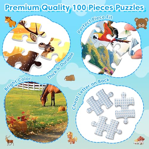 4 Packs Puzzles for Kids Ages 4-6 6-8 8-10, Farm Rainforest Wild Animals Kids Puzzles, 100 Pieces Jigsaw Puzzle for Seniors Adults Kids Learning Puzzle Toys Gifts for Girls Boys 15x11 inch - style: Wild Animals