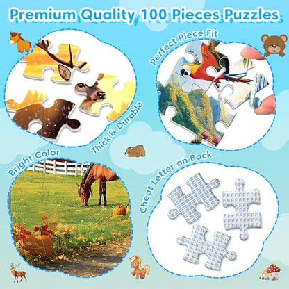 4 Packs Puzzles for Kids Ages 4-6 6-8 8-10, Farm Rainforest Wild Animals Kids Puzzles, 100 Pieces Jigsaw Puzzle for Seniors Adults Kids Learning Puzzle Toys Gifts for Girls Boys 15x11 inch - style: Wild Animals