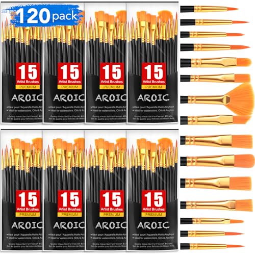 AROIC Acrylic Paint Brush Set,8pack/120pcs Nylon Hair Acrylic Paint Brushes,Oil Watercolor Rock Face Paint Brushes, Artist Craft Paint Brush Supplies, for All Purposes Kids Adult Painting. - size: 120pcs-black