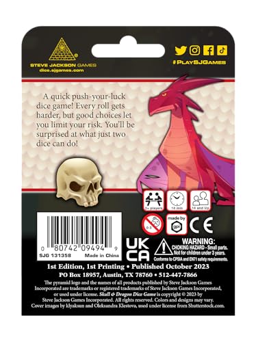 Steve Jackson Games Skull and Dragon Dice Game, Push Your Luck Dice Game | for 2+ players, Ages 14+, A quick push-your-luck dice game!, Every roll gets harder, but good choices let you limit your risk