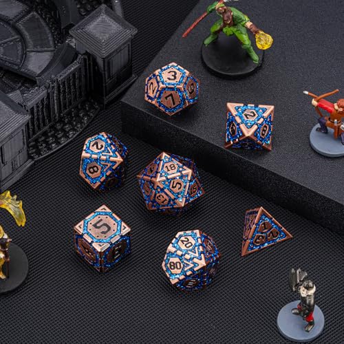 DND Metal Dice Set, Polyhedral Dice Set for RPG D&D Dice with Cracks Dungeons and Dragons Dice Set for RPG TTRPG D&D Die with Gift Case - color: Copper and Blue