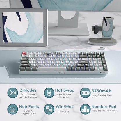 RK ROYAL KLUDGE RK100 Wireless Mechanical Keyboard RGB Backlit Bluetooth5.1/2.4G/Wired 96% Full Size 100-Key Hot Swappable Gaming Keyboard Brown Switch Classic - color: Classic, size: Hot Swappable Brown Switch
