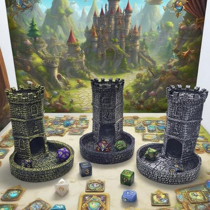 Tower Castle Retro DND Dice Rolling Tower Dice Tower Dungeons and Dragons Dice Jail D&D Accessories (Random 7PCS D20 Dice Set Included) Silver