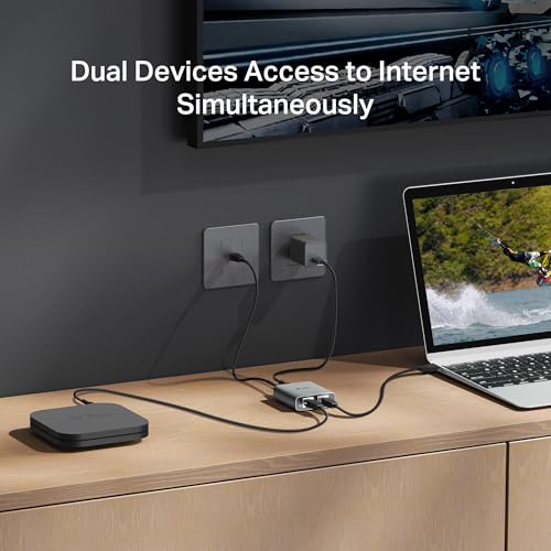 TP-Link Ethernet Splitter 1 to 2, 1000 Mbps High Speed Dual-Port Internet Splitter, Compatible w/ Cat8/7/6/5e/5, USB-C & Ethernet Cables Included, Aluminum Case, Plug and Play for Routers & More EH210 - style: Ethernet Splitter 1 to 2