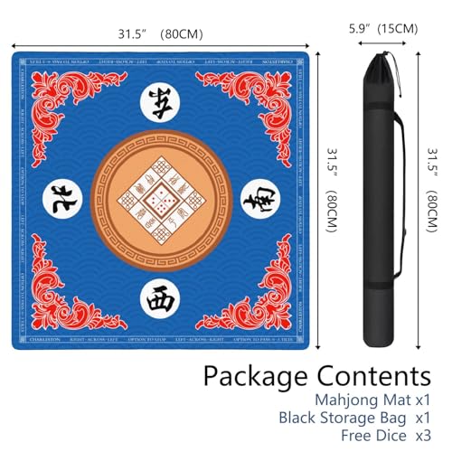 Mahjong Mat for Table with Carrying Bag & 3 Dice, Blue 31.5"x31.5" Square Rubber Mahjong Table Cover, Non-Slip & Noise Reduction Gaming Mat for Mah Jongg, Poker, Dominoes & Tile Games - color: Bright Blue