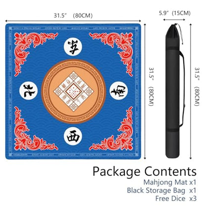 Mahjong Mat for Table with Carrying Bag & 3 Dice, Blue 31.5"x31.5" Square Rubber Mahjong Table Cover, Non-Slip & Noise Reduction Gaming Mat for Mah Jongg, Poker, Dominoes & Tile Games - color: Bright Blue