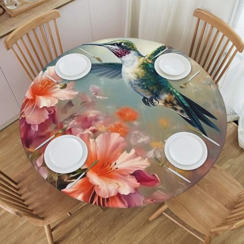 Famame Oil Painting Hummingbird Round Fitted Tablecloth with Elastic Protector Table Kitchen Dinner Waterproof Oil-Proof Table Covers Fits 40"-44", Small - color: Hummingbird, size: 2" (Round)