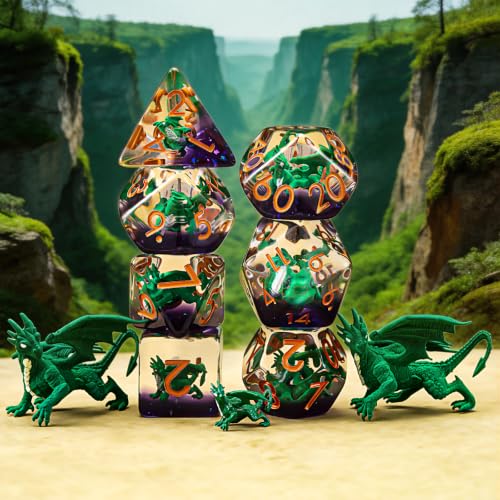 Resin D&D Dice Set, Dragon Polyhedral Dice for Dungeons and Dragons, RPG, MTG DND 7-DIE (D4, D6, D8, D10, D12, D20, D%) for Ages 15 and Up - color: Green Dragon