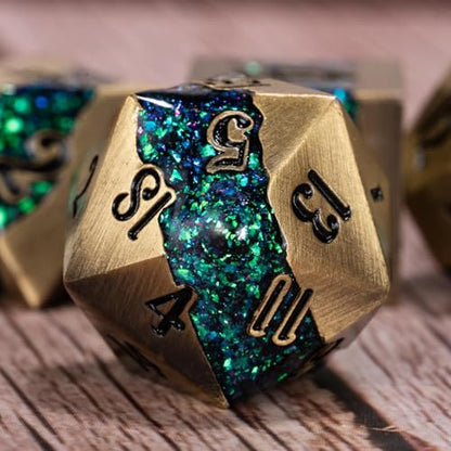 Metal Polyhedral Dice Set, 7PCS RPG Dice with Galaxy Glitter Resin Inlay for Dungeons and Dragons, Pathfinder Tabletop Role Playing Games - color: Antique Turquoise