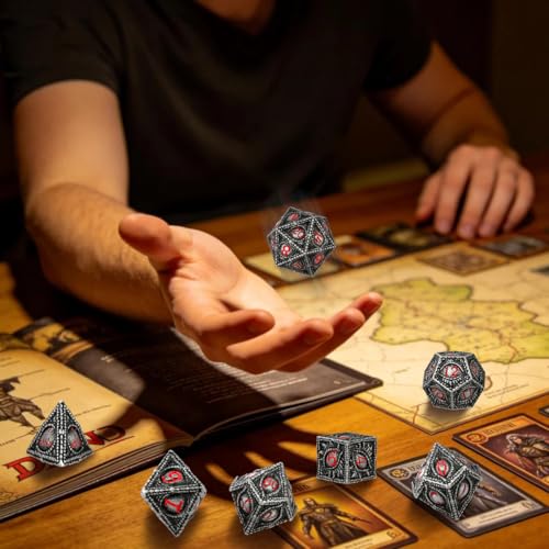 Metal Dice Set, Dragon Eye Theme, 7pcs Polyhedral Metal DND Dice Set, DND Starter Set, D&D Gifts with Gift Box, Role Playing Board Games Accessories, Red Black Silver - color: Red Black Silver With Gift Box