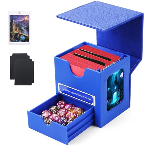 Patented MTG Commander DekBox, 100+ Double Sleeved Card Storage Box with Dice Tray, 35pt Card Holder & 2 Dividers - Magnetic Deck Case for TCG/CCG/Magic/Sports Cards, Blue - color: BLUE