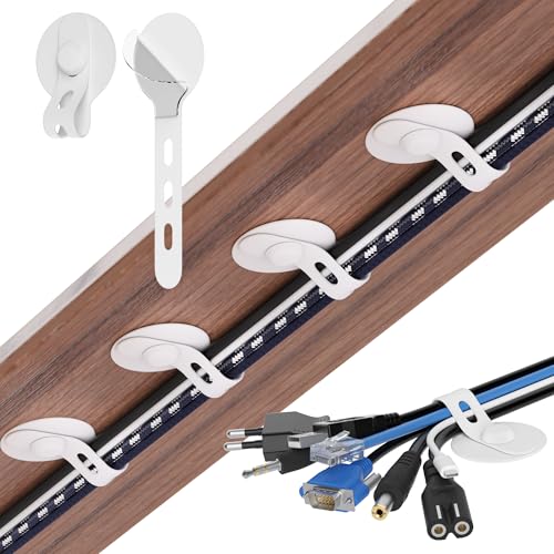 Cable Management Under Desk, Adhesive Cable Ties, 20Pack-White | Adjustable Silicone Cable Ties Cord Organizer, Reusable Heavy-Duty Cord Holder Under Table for Office, School, Home - color: White, size: 20 Pack