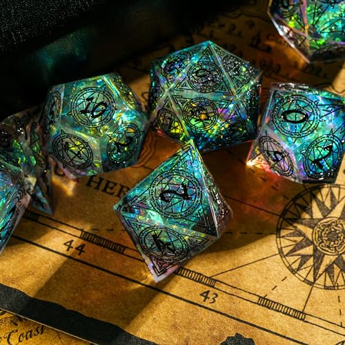 Cusdie 7-Die Sharp Edges DND Dice Set, Magic Circle Pattern Polyhedral D&D Dice Set for DND TTRPG Role Playing Games - color: Magic Pattern-transparent Black